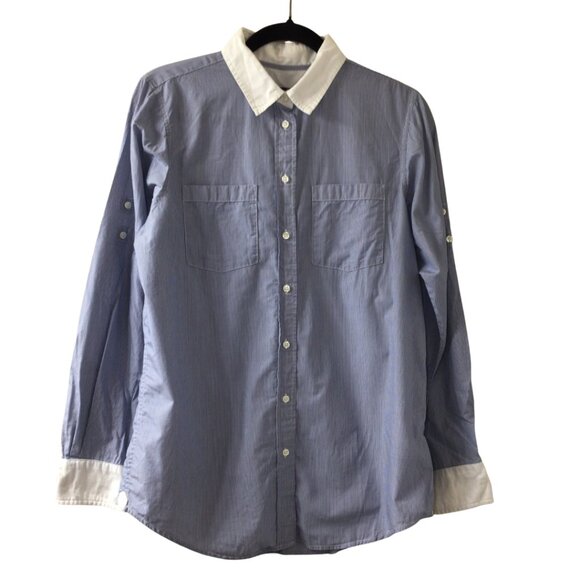 GAP Tops - Gap Shirt Women’s S Small Blue White Boyfriend Fit Pinstriped Button Down Stripe